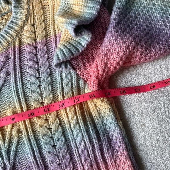 Pastel Rainbow Cable Knit Sweater, LOFT, Women’s Sz Small. Shoulder Ruffle - Picture 7 of 8